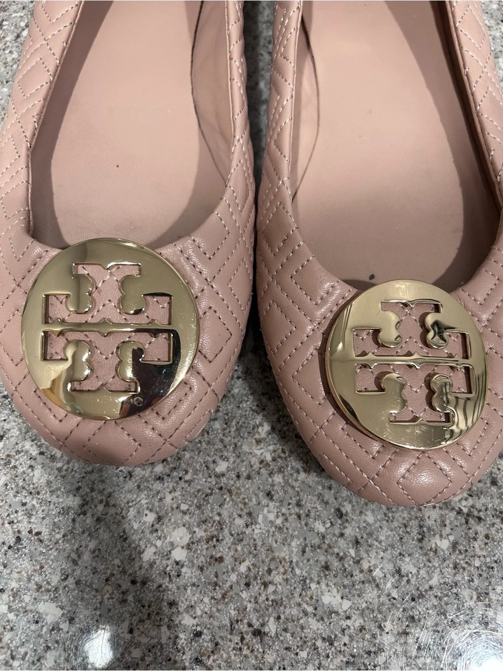 Tory Burch Blush Quilted Logo Round-Toe Flats with Gold Medallion